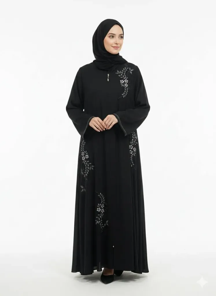 عباءة سندي تطريز دمعة + ورد (رصاصي, m)