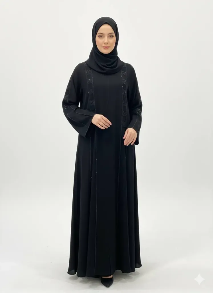 عباءة بدون اسم ستراس مربعات اسود