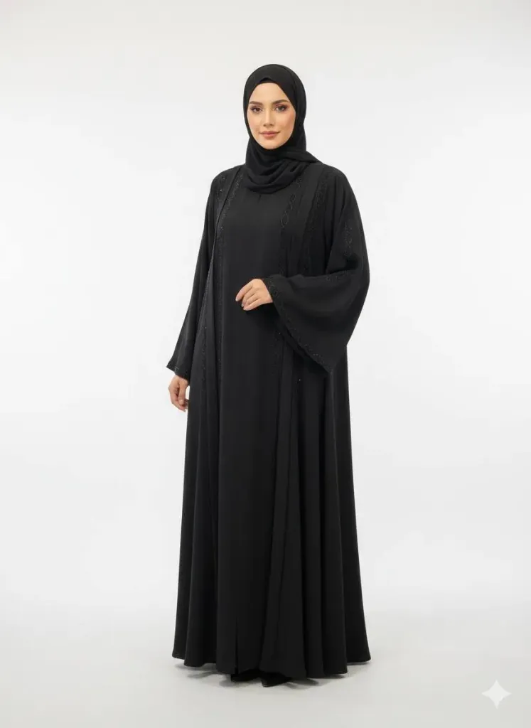 عباءة بدون اسم ستراس خيوط ظاهرة اسود