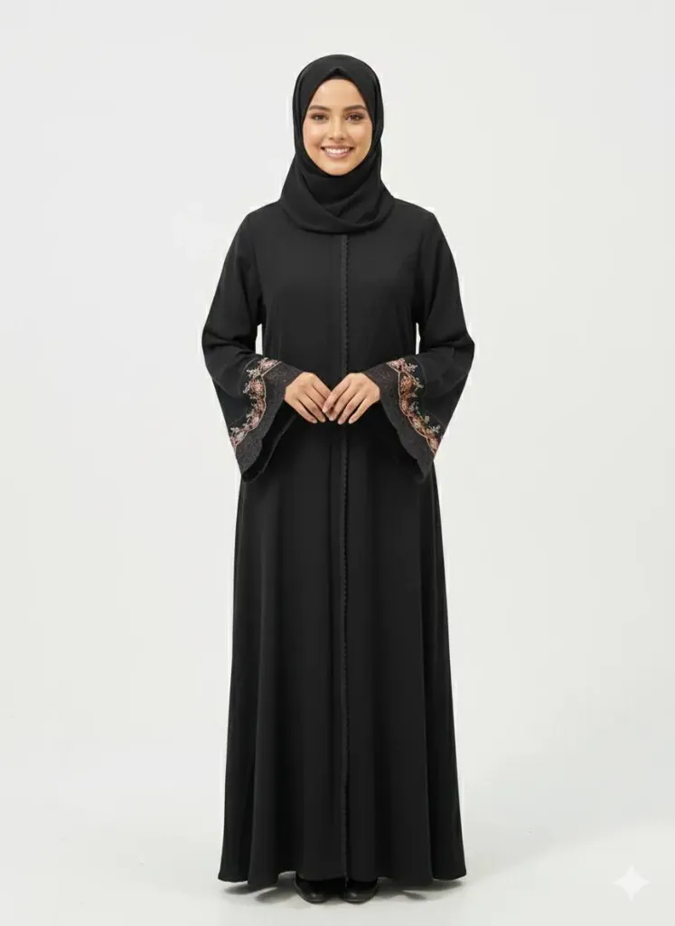 عباءة قادري دكم دانتيل مطرز اسود 17516 (بيجي, 40)