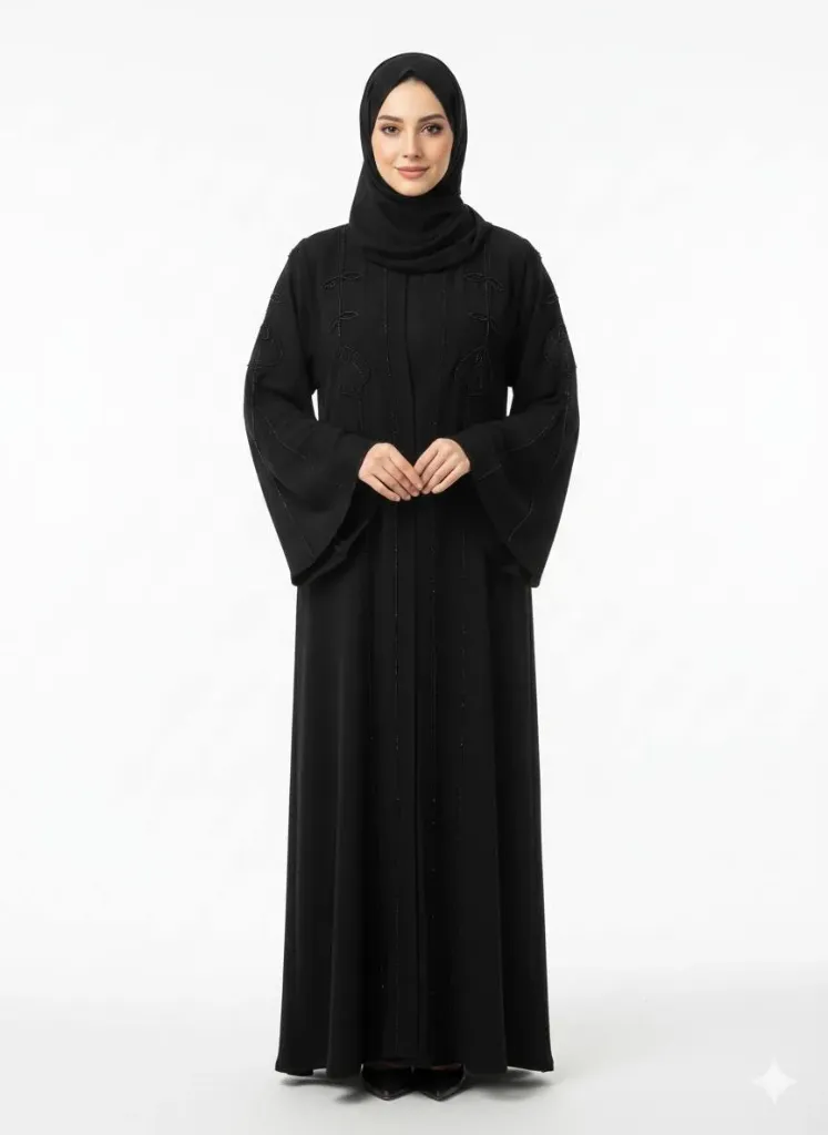 عباءة بدون اسم شغل ايد ورد مطعم بالتول اسود (m)