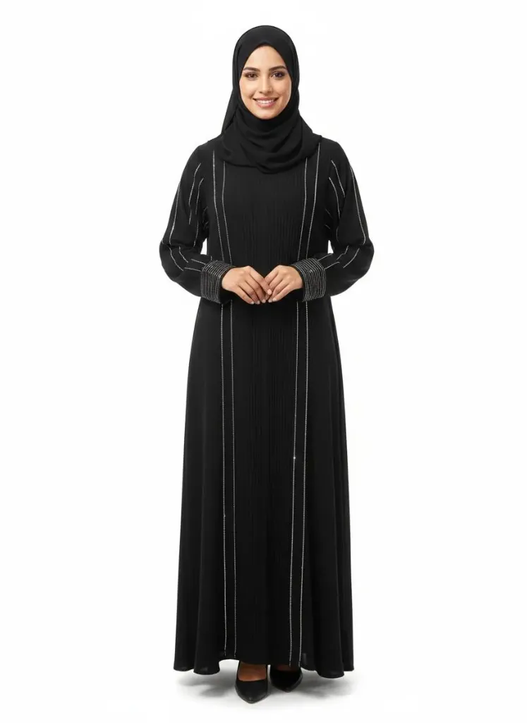 عباءة بدون اسم ستراس ردن وبزمة اسود (فضي, m)