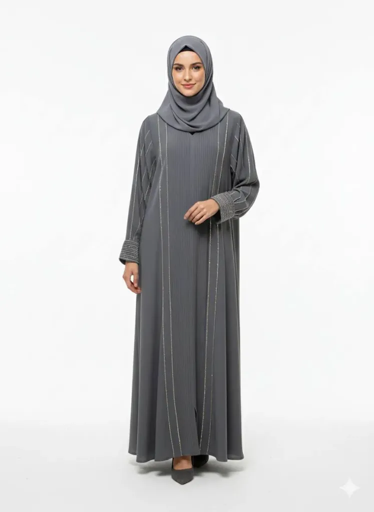 عباءة بدون اسم ستراس ردن وبزمة الوان (رصاصي, m)