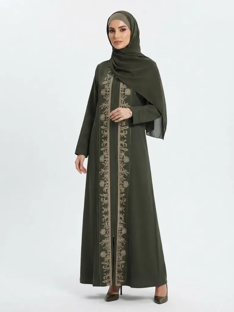 عباءة قادري مطرزة 0000-17839 (زيتوني, 46)
