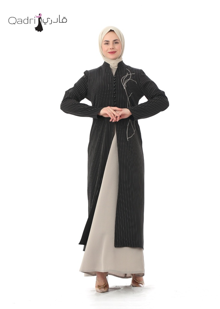 عباءة مقلم مطرز قطعتين 15015 (بيجي, 42)